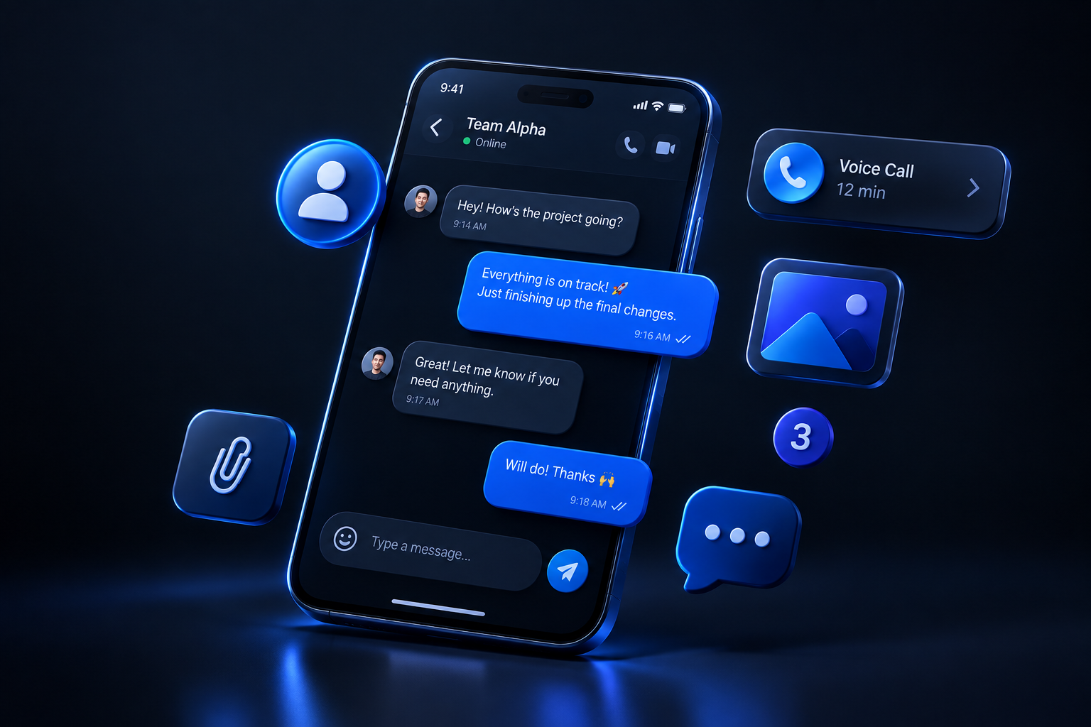 Mobile application development, messaging app interface with real-time communication